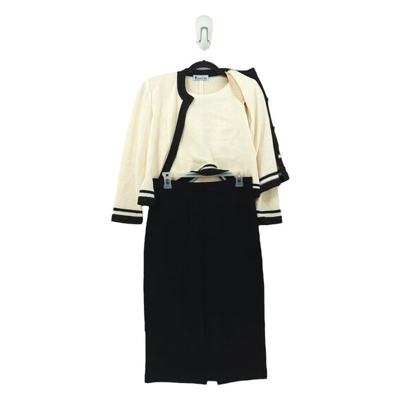 Linda Iki Women M Suit Set White Black Knit Blazer Blouse Skirt Shimmer VTG FLAW - Picture 8 of 14